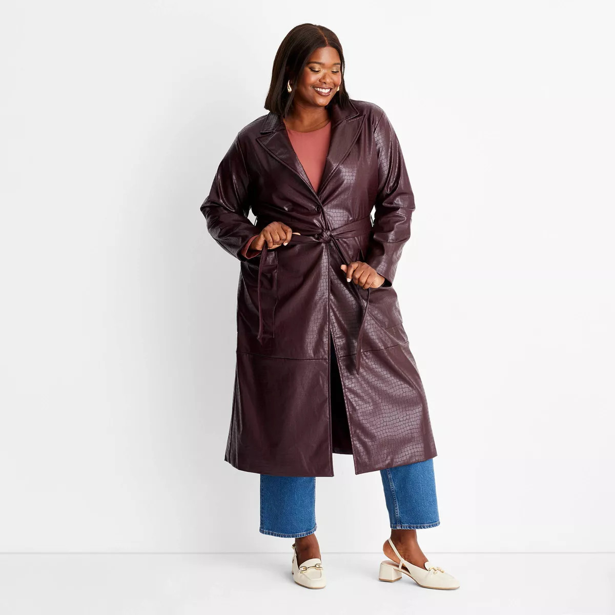Women's Faux Croc Trench Coat - A New Day™ Burgundy | Target