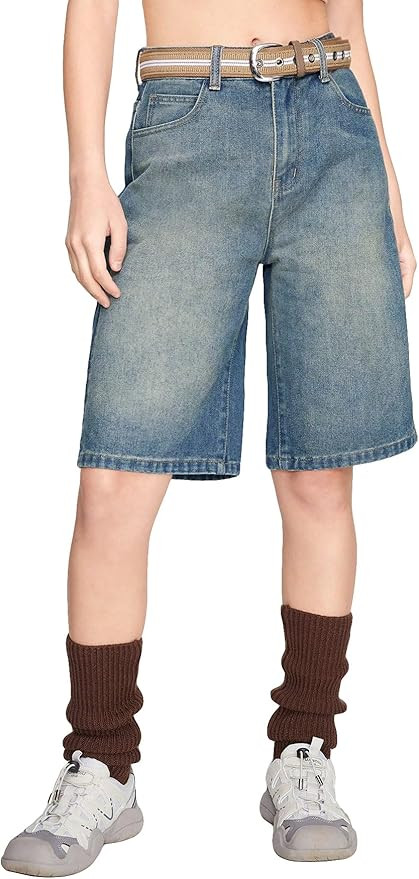 Women's Casual High Waist Zipper Bermuda Shorts Loose Fit Denim Shorts Straight Leg Jean with Poc... | Amazon (US)