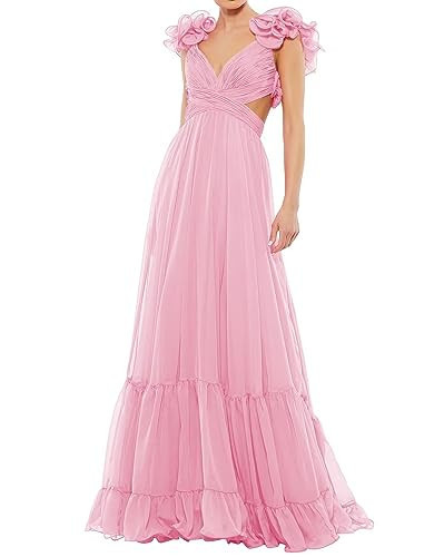 SHSUREVE Chiffon Ruffle Prom Dresses Long for Women A Line Bridesmaid Dresses Tiered Backless Formal Evening Gowns Pink US 8 | Amazon (US)