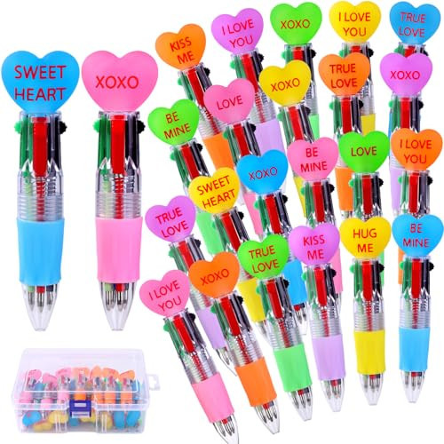 Vellibring 24pcs Valentine's Day Hearts Pens Cute Cartoon Multicolor Pen Fun 4-in-1 Pens Bulk Be Mine Love XOXO Valentines Stationery Party Favors School Supplies Students Rewards | Amazon (US)