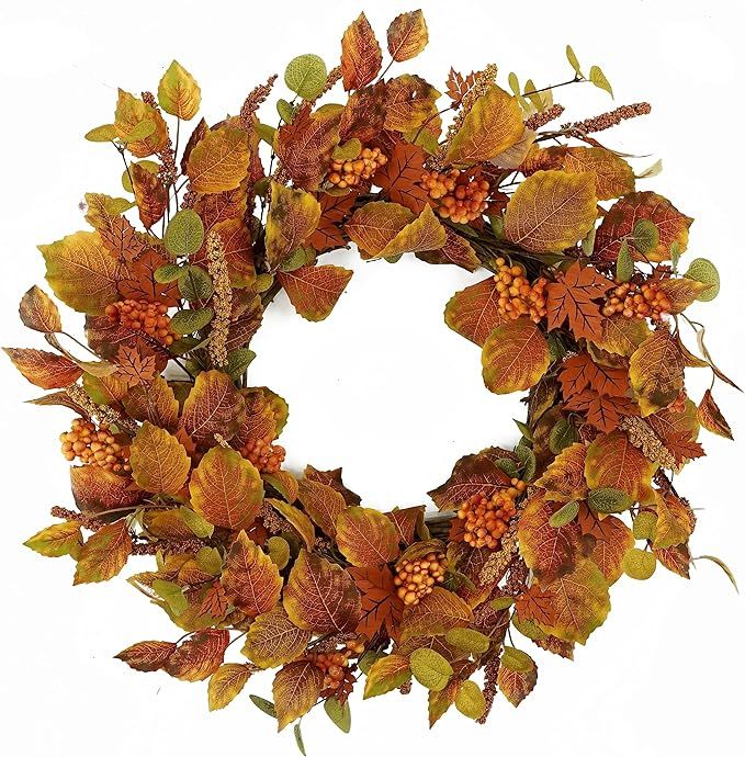 Fall Wreath 20" Autumn Wreath for Front Door, Harvest Wreath with Maple Leaves, Ears of Wheat and... | Amazon (US)