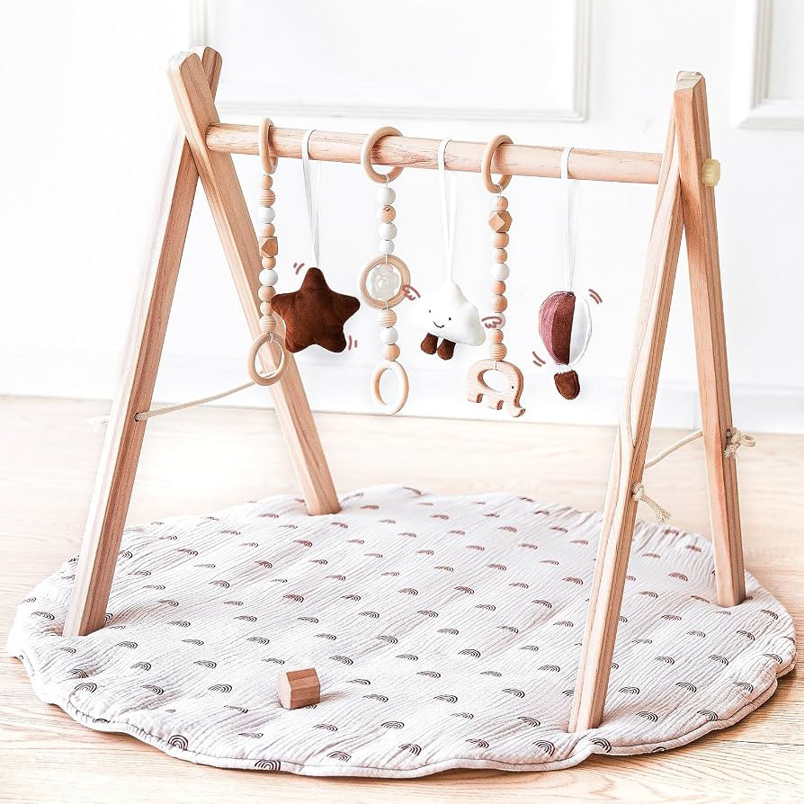 Wooden Baby Play Gym with Mat, Foldable Frame Activity Gym with 6 Gym Toys | Amazon (US)