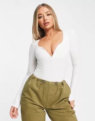 Rebellious Fashion ribbed plunge puff sleeve bodysuit in white | ASOS (Global)