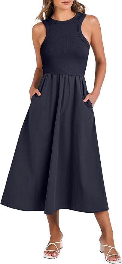 ANRABESS Women's Summer Casual Sleeveless Midi Sundress Patchwork Knit High Neck Tank Top Racerba... | Amazon (US)