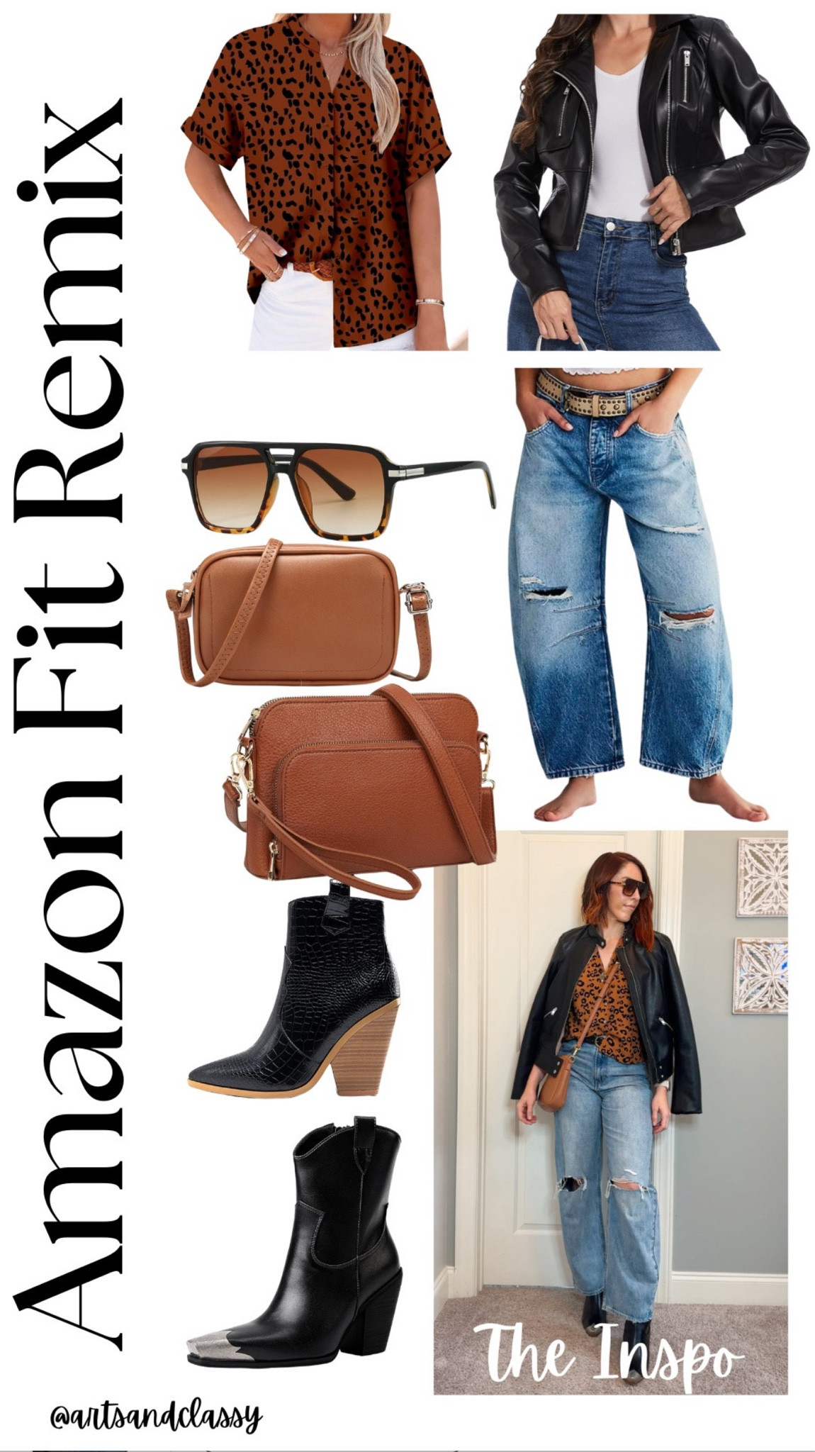 Mixing edge with comfort—these barrel jeans are a tall-girl fave! Paired with a leopard print top, moto jacket, western booties, aviators, and a crossbody bag, this look is perfect for travel or casual days. Shop the full outfit on my Amazon storefront! #AmazonFashion #TallGirlFashion 

 

#LTKStyleTip