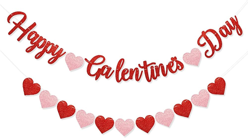 Red Glittery Happy Galentines Day Banner and Red Pink Glittery Heart Garland Banner Romantic Deco... | Amazon (US)
