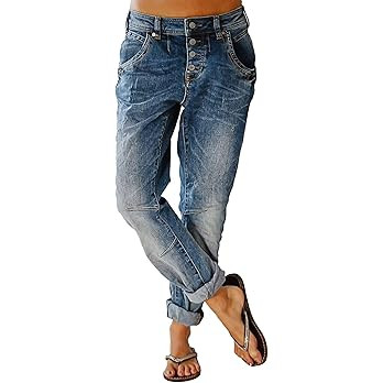 Flamingals Women's Stretchy Straight Leg Casual Mid Rise Jeans Wash Button Fly Stitch Detail 90s ... | Amazon (US)