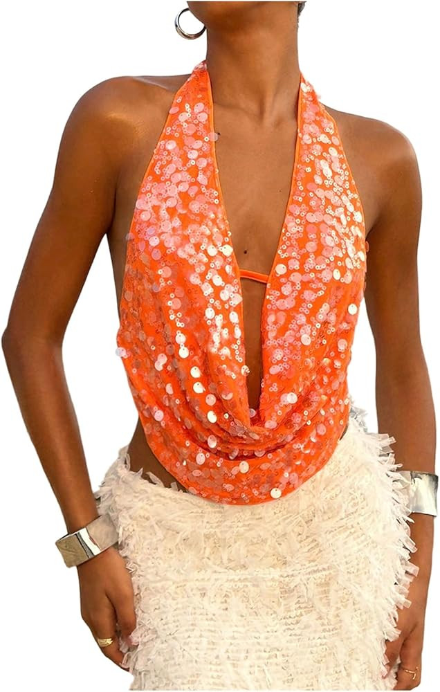 SOLY HUX Women's Sequin Glitter Halter Crop Tank Top Sparkly Backless Deep Cowl Neck Going Out Ve... | Amazon (US)
