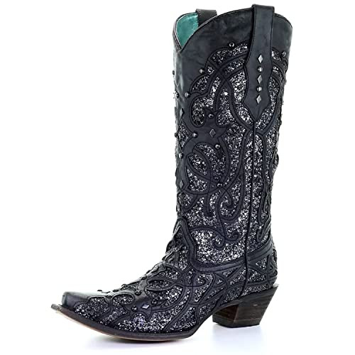 Corral Boots Women's Full-Grain Leather Orix Brown with Glitter Inlay and Studs Snip Toe Western Boots, Black, 8 | Amazon (US)