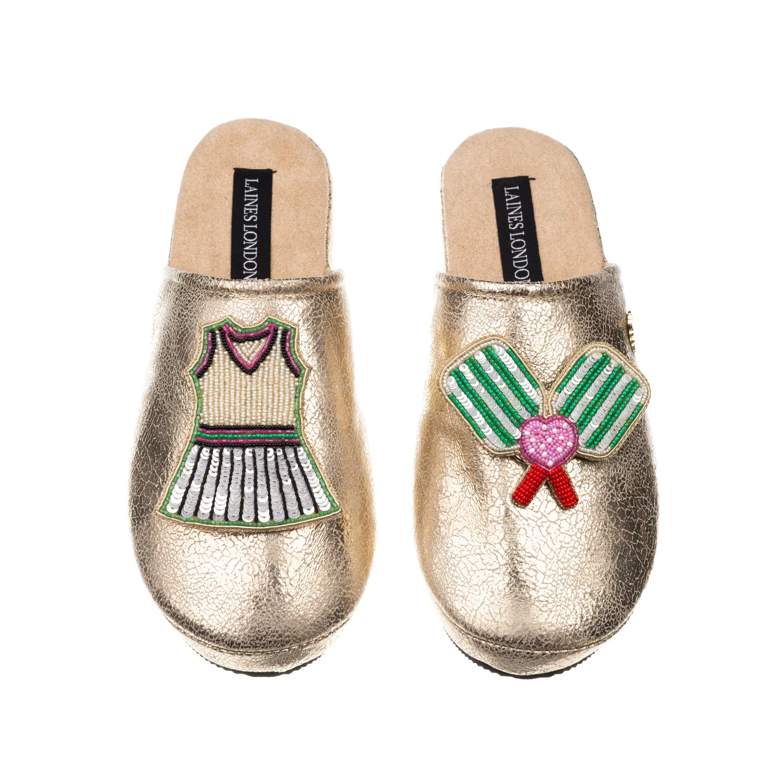 Laines London Gold Softie Slippers With Pickleball Brooches | Wolf & Badger