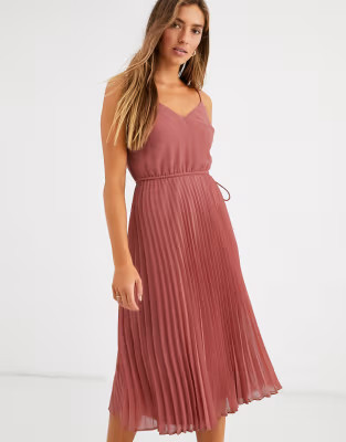 ASOS DESIGN pleated cami midi dress with drawstring waist in dark pink | ASOS | ASOS (Global)