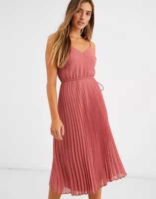 ASOS DESIGN pleated cami midi dress with drawstring waist in dark pink | ASOS | ASOS (Global)