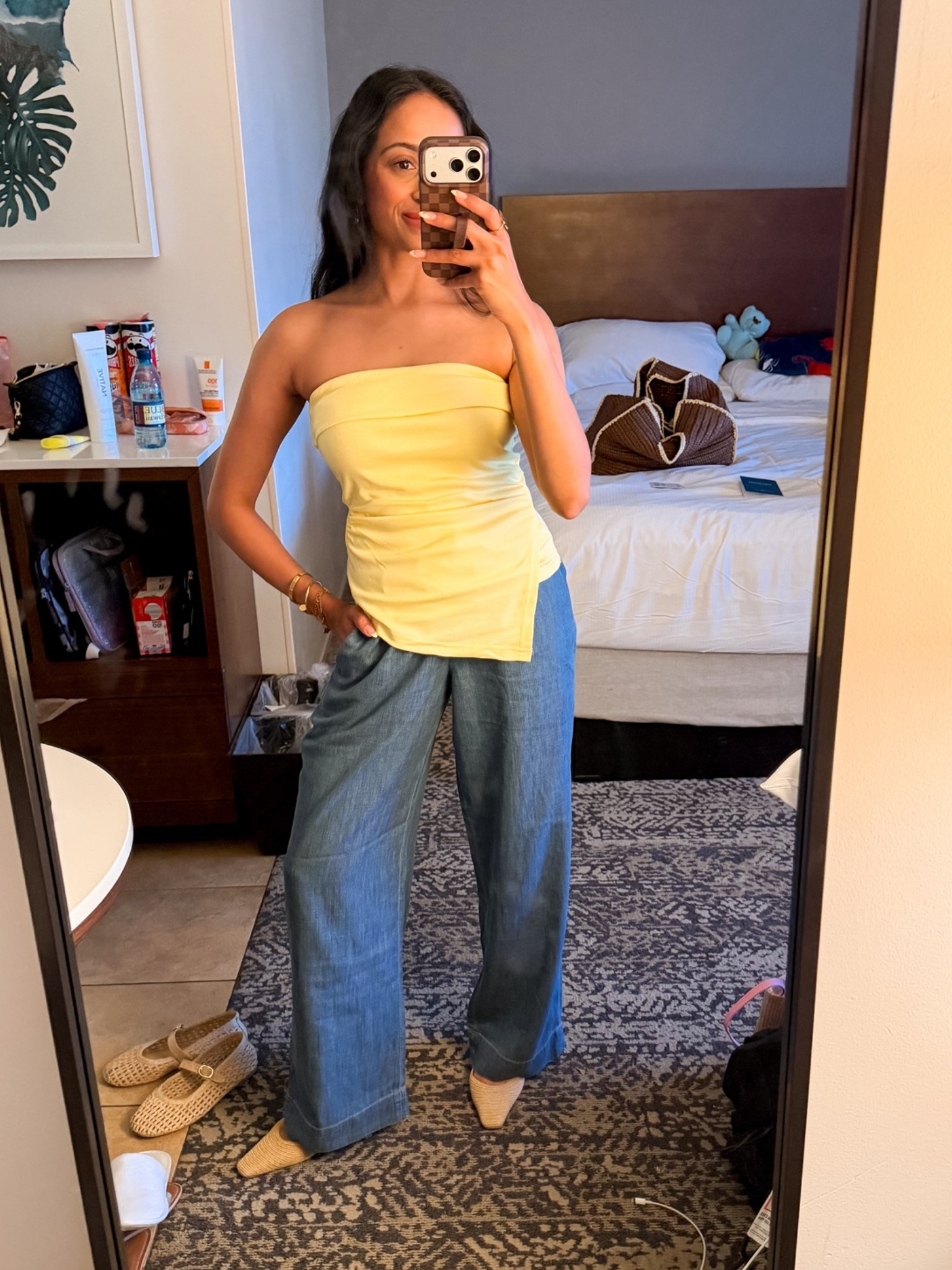 Yellow tube top 
Summer outfits
Travel vacation outfit
Denim flowy pants 
Xs in top
Xxs in bottoms

#LTKootd #LTKSaleAlert #LTKTravel