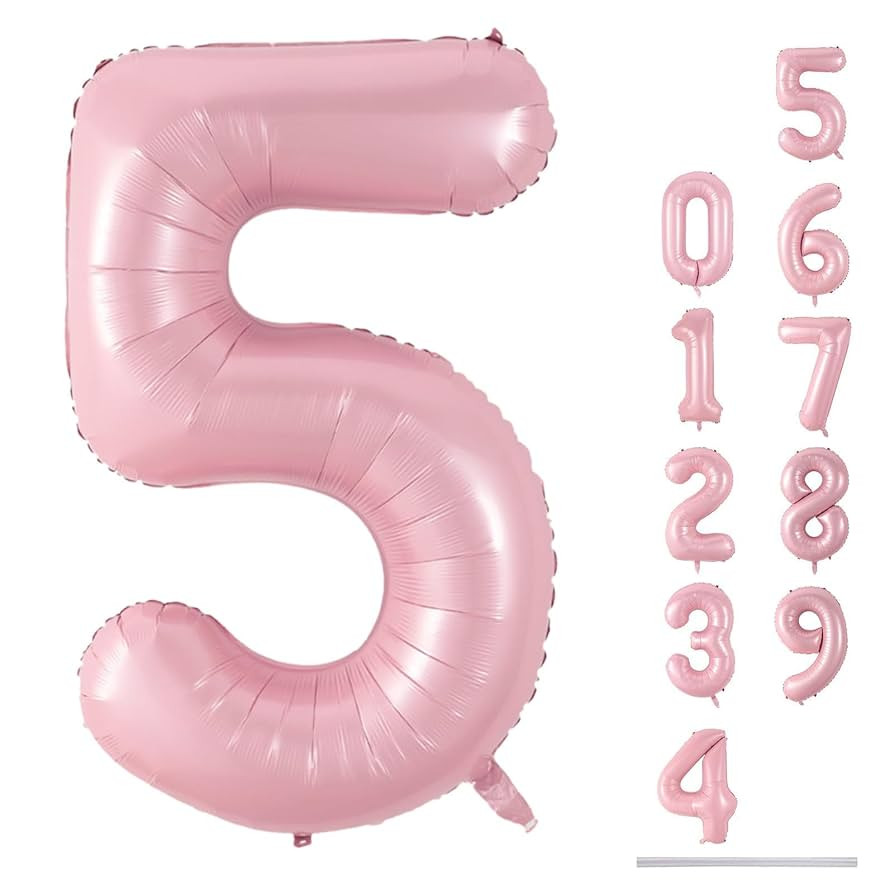 Light Pink Balloon Number 5, 40 Inch Large Self Inflating Foil Number Balloons 0-9, Pastel Pink D... | Amazon (US)
