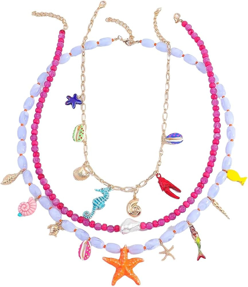 Boho Layered Beaded Necklace for Women, Summer Beach Braided Rope Charm Jewelry | Amazon (US)