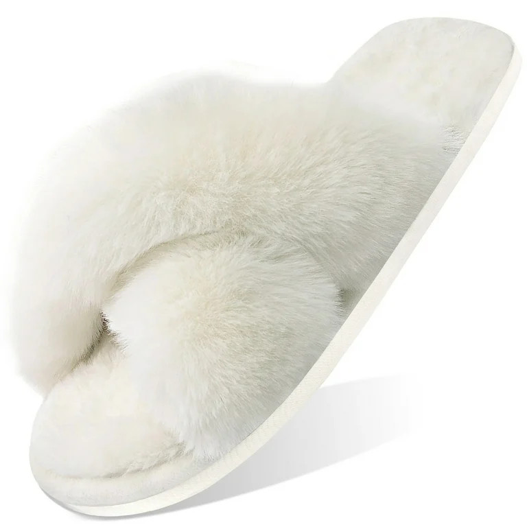 Ecetana Women's Fuzzy Slippers Cross Band Memory Foam House Shoes Open Toe | Walmart (US)