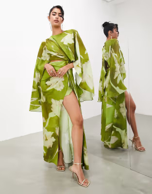 ASOS EDITION satin volume flare sleeve grecian cut out maxi dress in green floral | ASOS (Global)