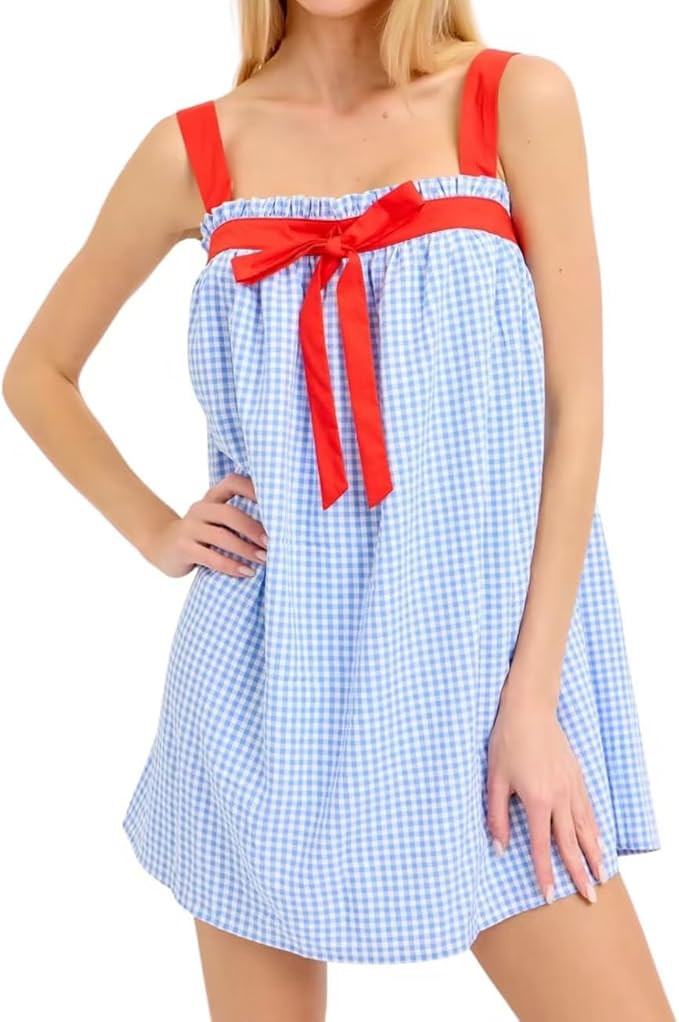 Mxiqqpltky Womens Summer Mini Dress Y2K Striped Tie Up Spaghetti Strap Swing Short Dress Cute Loo... | Amazon (US)