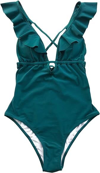 Women's Falbala One Piece Swimsuit Deep V Neck Monokini Swimsuit | Amazon (US)