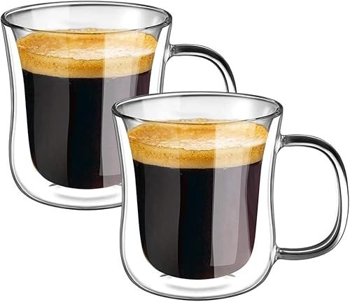 ecooe Espresso Cups 4 Oz Double Walled Glasses Coffee Mugs Set of 2, Clear Glass Coffee Cups with Handle, Insulated Coffee Mug Borosilicate Heat Resistant Double Wall Glass Espresso Coffee Cups | Amazon (US)