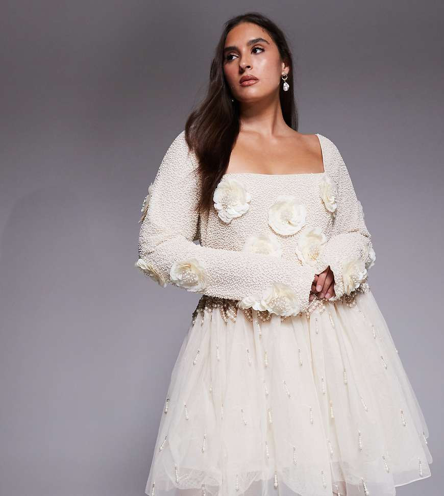ASOS LUXE Curve pearl embellished mini dress with corsage detail in gold | ASOS (Global)