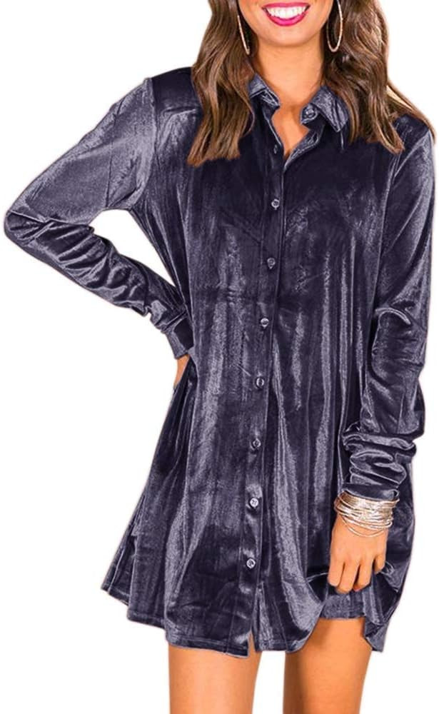Caitefaso Womens Velvet Button Down T Shirts Swing Mini Dress Casual Long Sleeves Lapel Tunic Top... | Amazon (US)
