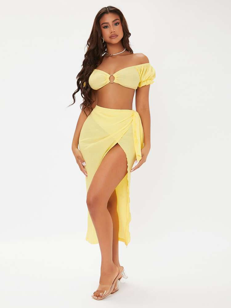 SHEIN SXY Off Shoulder Puff Sleeve O-ring Ruched Crop Top & Wrap Knot Skirt Set | SHEIN