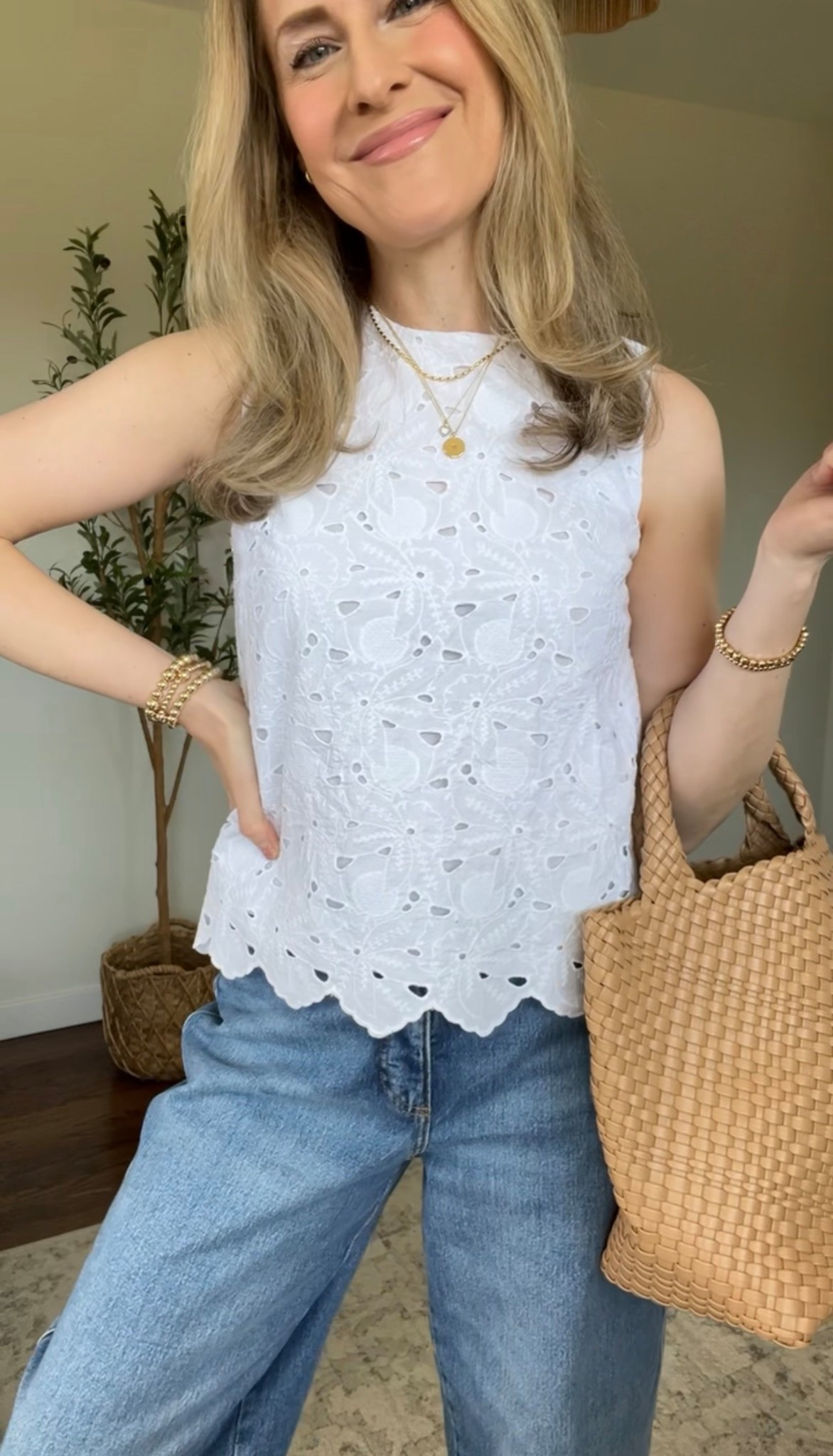 Eyelet cotton top under $20 at Walmart! Comes in several colors. Reminds me of
JCrew. So nice. Fits tts. This is the small. 

#LTKOver40 #LTKWorkwear