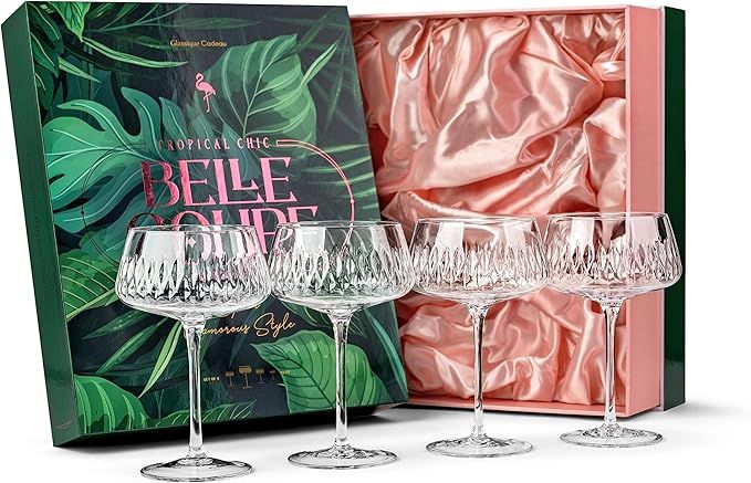 Vintage Flamingo Belle Coupe Glasses for Cocktails and Champagne | Set of 4 | 12 oz Crystal Retro... | Amazon (US)