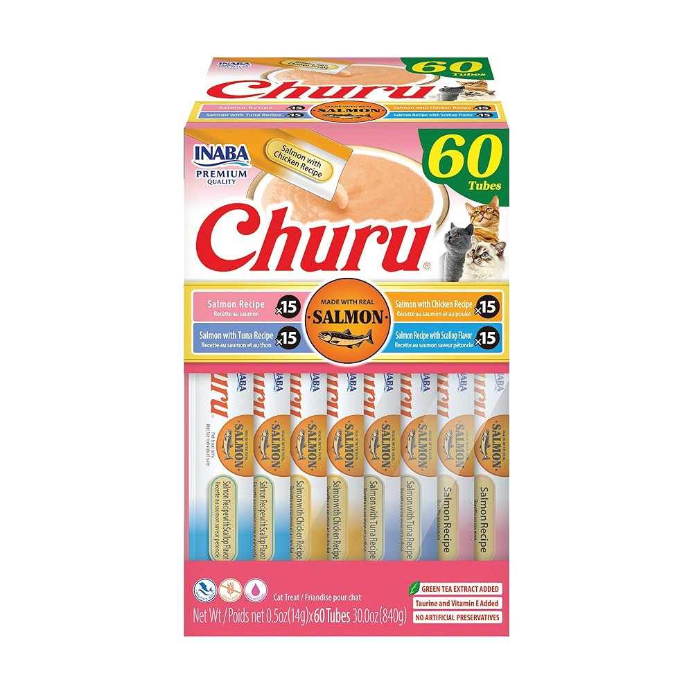 INABA Salmon Churu Cat Treats, Lickable, Squeezable Creamy Purée Cat Treat with Green Tea Extrac... | Amazon (US)