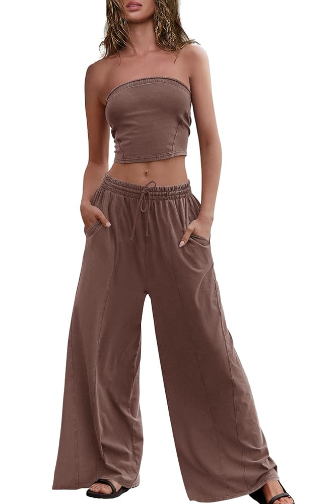 Panadila Womens Summer Lounge Sets 2 Piece Outfits Tube Top and Wide Leg Pants Matching Set Beach... | Amazon (US)