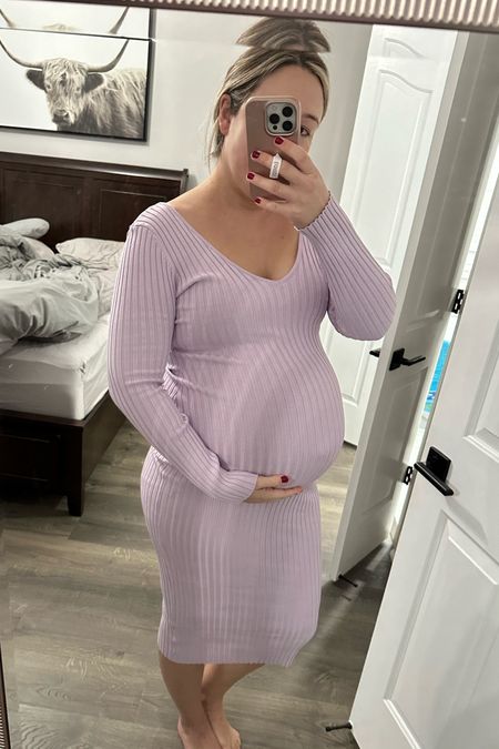 Winter baby shower dress option! Spring baby shower dress. Maternity sweater dress. Comes in a ton of colors. Wearing a large! Third trimester and 5'8". 

#LTKfindsunder100 #LTKbump #LTKstyletip