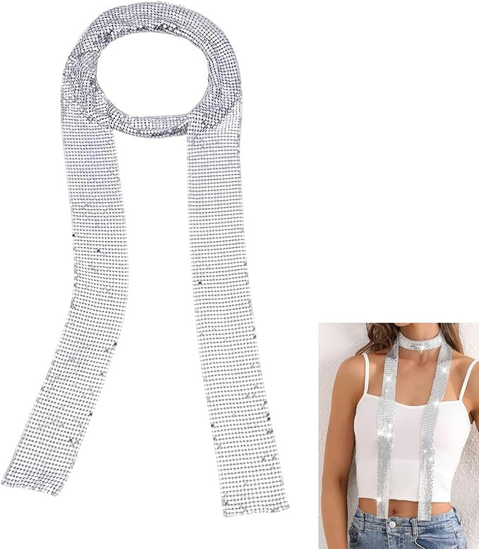 Fashion Women's Sparkle Metal Sequins Neck Tie Scarf - Glitter Thin Skinny Long Neckerchief, Silv... | Amazon (UK)