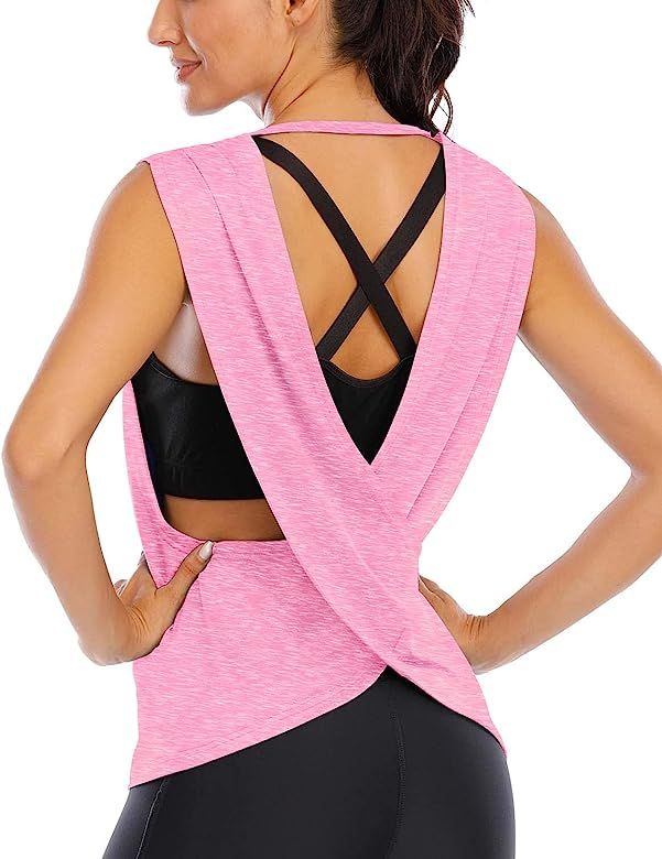ICTIVE Women's Sleeveless Open Back Shirt Flowy Yoga Top Loose Women Running Tops Backless Active... | Amazon (US)