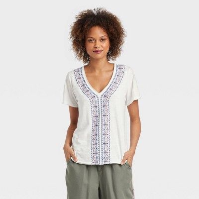 Women's Short Sleeve V-Neck Embroidered Top - Knox Rose™ Ivory | Target