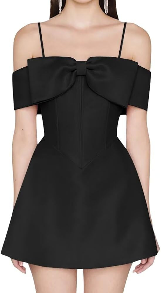 Women’s Spaghetti Strap Homecoming Dresses for Teens Bow Satin Off Shoulder Short Prom Dress Ev... | Amazon (US)