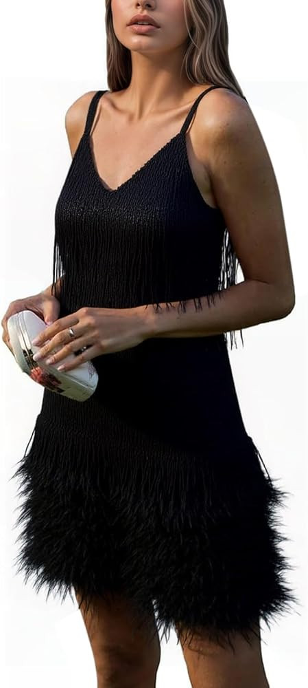 Wildarms Womens Tassel Feather Sequin Mini Dress Sexy V Neck Spaghetti Strap Short Fringe Dresses | Amazon (US)