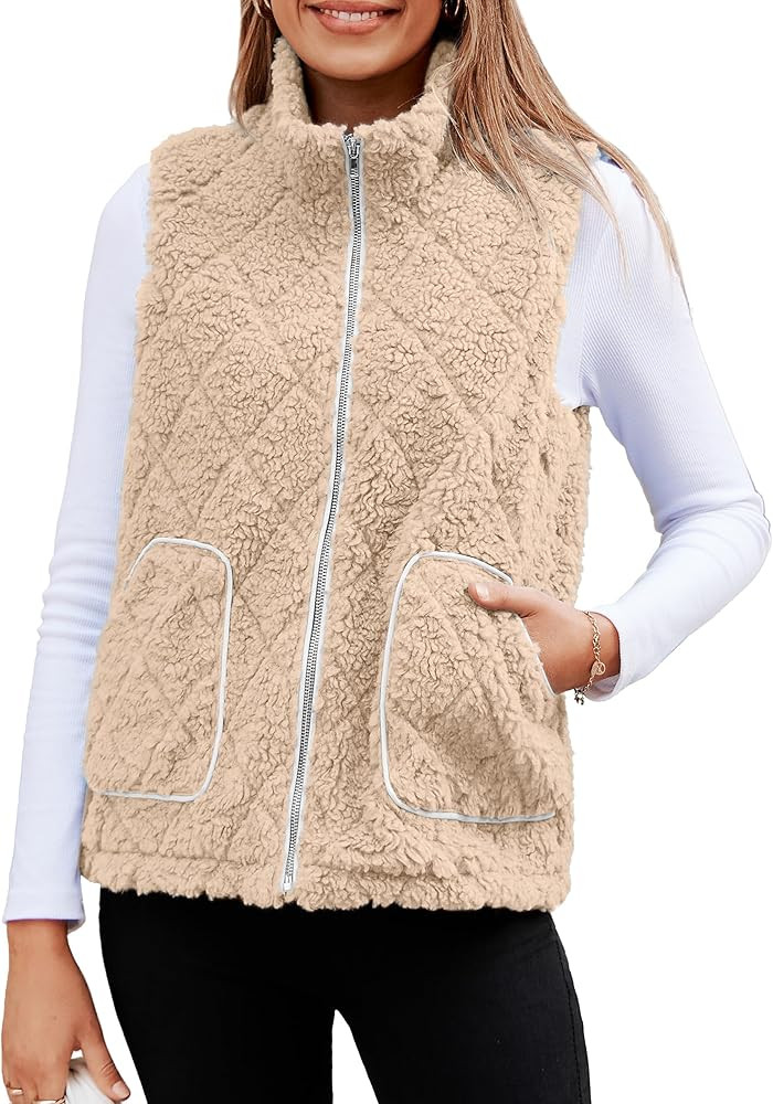 Glamaker Womens Fleece Sherpa Vest Casual Lightweight Outerwear Zip Up Sleeveless Jacket With Poc... | Amazon (US)