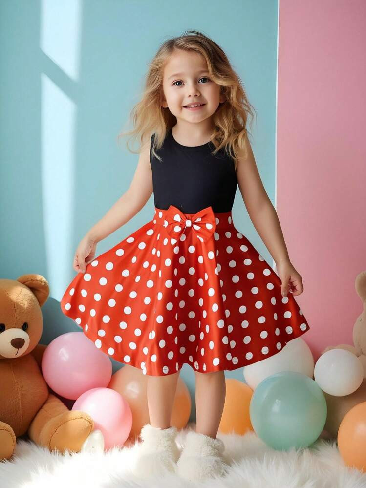 Young Girl Casual Cute White Polka Dot Pattern Black Tank Dress With Bowknot Decoration, Spring S... | SHEIN