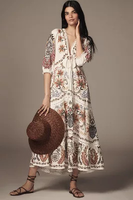 Farm Rio V-Neck Linen Blend Maxi Dress | Anthropologie (US)