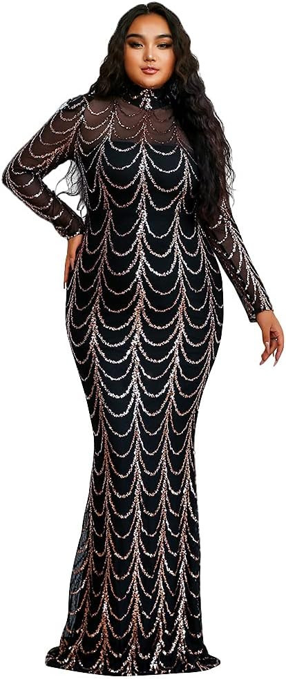 Miss ord Women’s Plus Size Formal High Neck Fringed Sequin Prom Maxi Dress, Long Sleeve Mermaid... | Amazon (US)