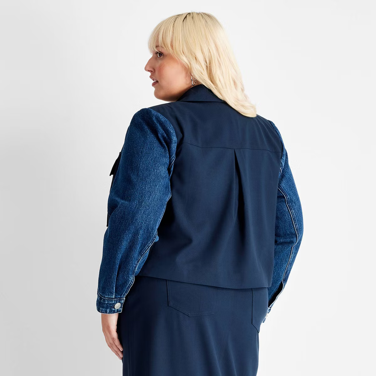 Women's Contrasting Denim Cropped Blazer - Future Collective Navy Blue | Target