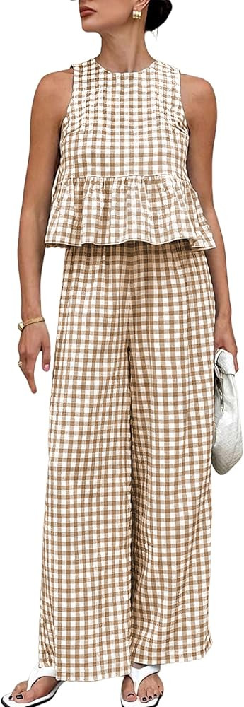 Womens 2 Piece Outfits Sets Gingham Plaid Sleeveless Ruffle Tank Tops and Wide Leg Pants Summer M... | Amazon (US)