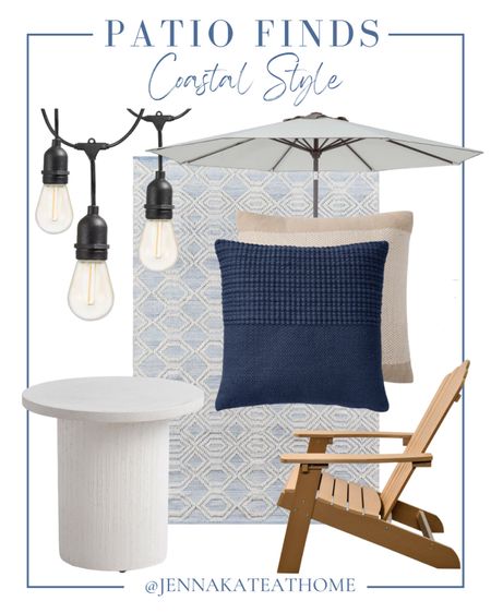 Create a cozy outdoor patio, feel with these coastal style patio homedecor items, including Edison bulb string lights, outdoor side table, outdoor rug, Adirondack chairs, large umbrella, decorative outdoor throw pillows

#LTKFamily #LTKSeasonal #LTKHome