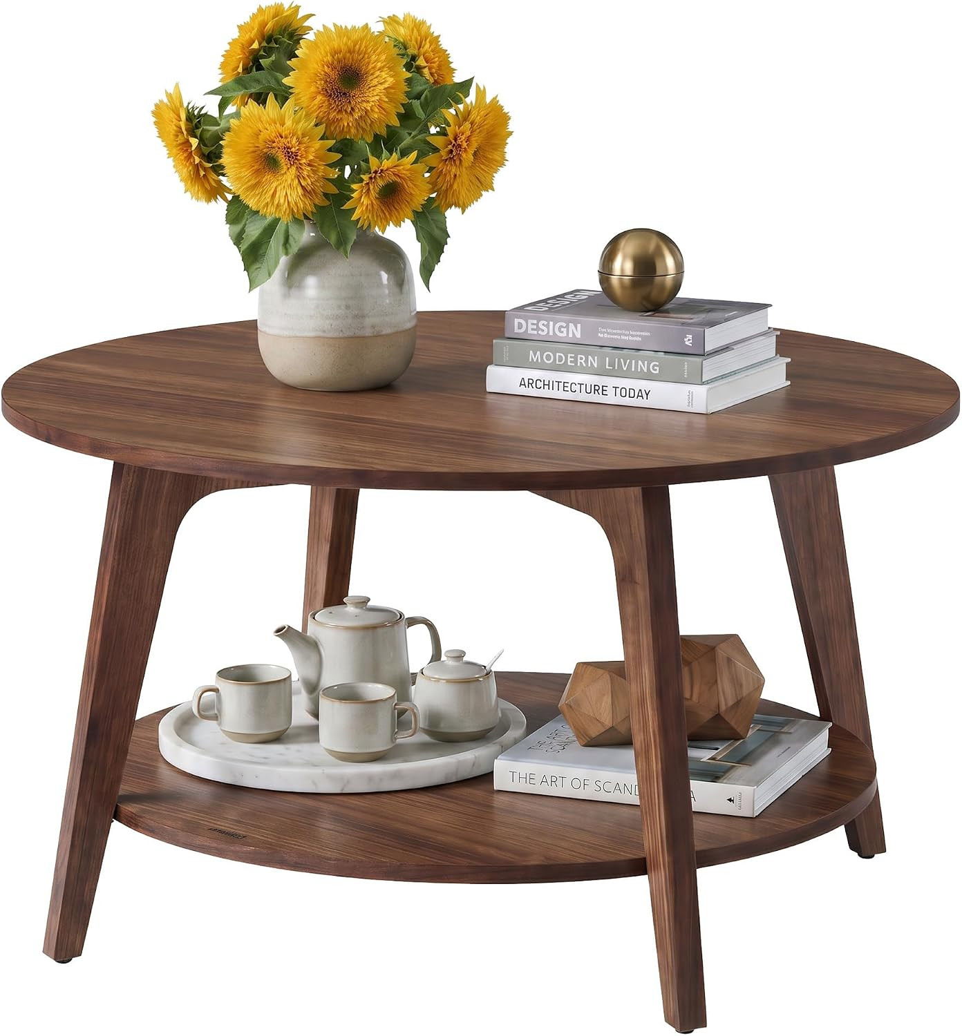 VASAGLE Round Coffee Table, 2-Tier Center Table with Storage, Tapered Legs | Amazon (US)