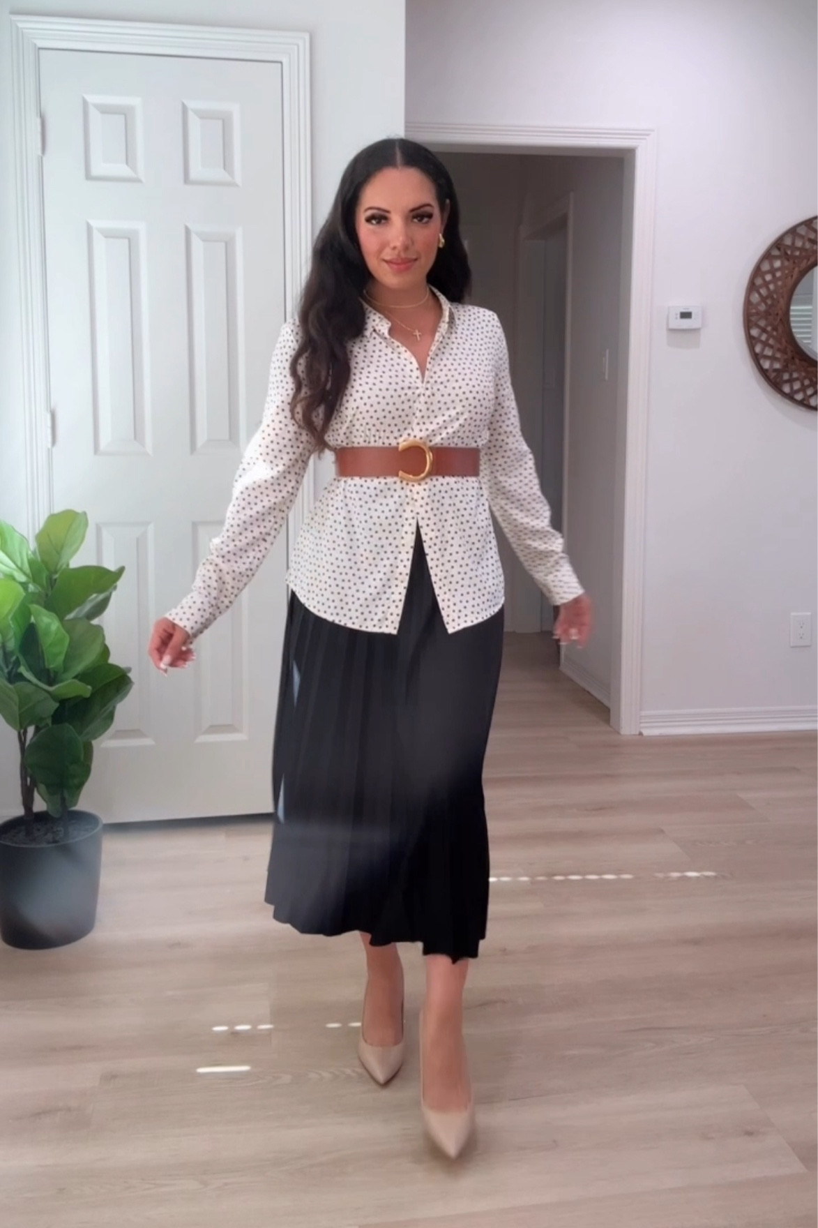 Linked all the pieces from my most recent reel— black midi pleated skirt, work blouse, nude heels, waist belts, gold accessories, black gold buckle sandals, white square neck bodysuit, and more 🖤✨

#LTKFindsUnder50 #LTKStyleTip #LTKWorkwear