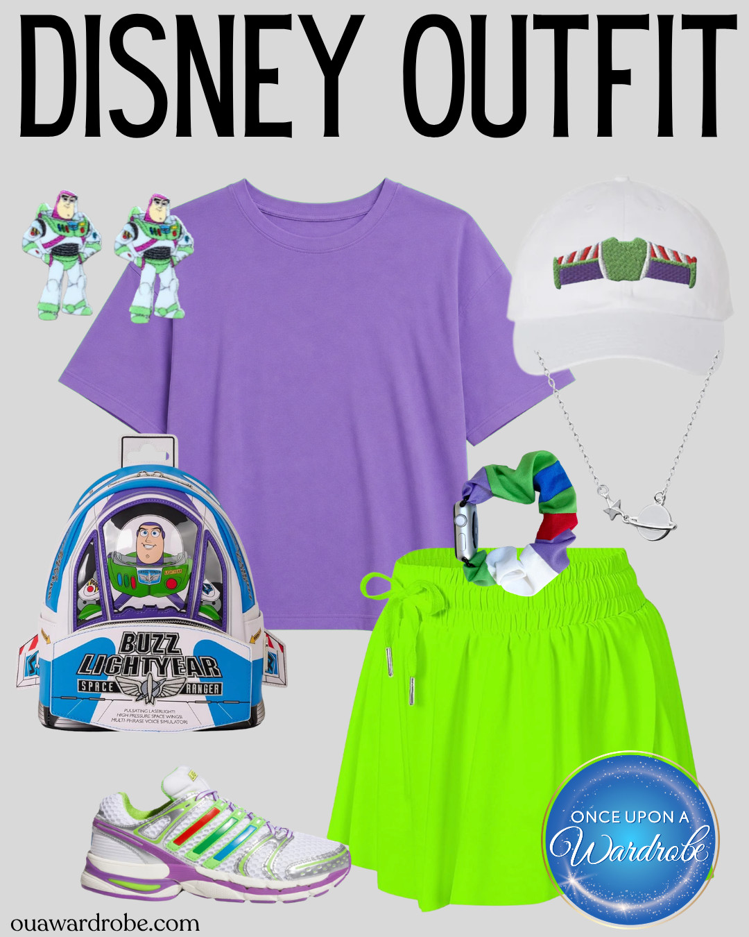 Buzz Lightyear Disney outfit idea with a lavender tee, neon green skirt, Buzz backpack, Space Ranger hat and colorful sneakers. This Toy Story inspired Disney look is perfect for Hollywood Studios, Magic Kingdom, Disney Cruise Line, Pixar Day at Sea or a fun Disney bound outfit. 

 #LTKootd #LTKmomlife #LTKTravel