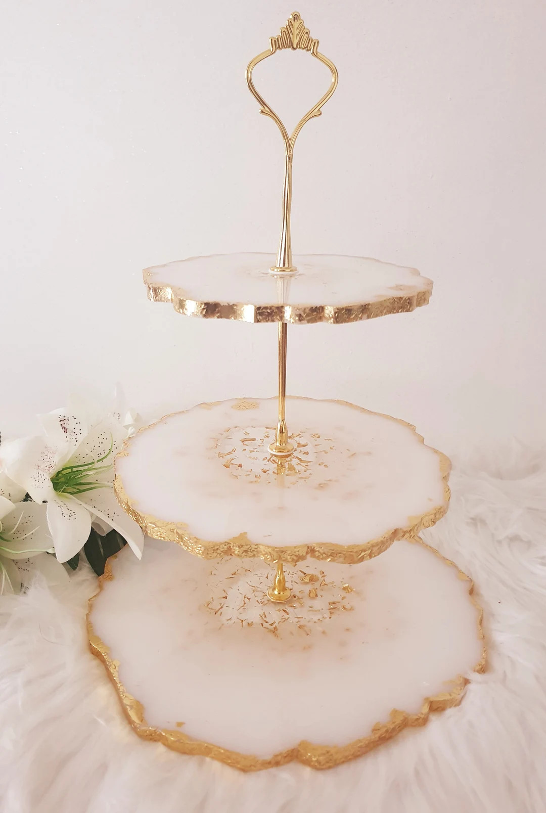 White and gold leaf tiered cake stand | Etsy (US)