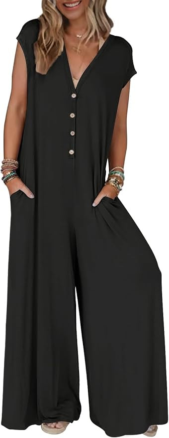 MEROKEETY Women's 2026 Summer Cap Sleeve Jumpsuits Dressy Casual Deep V Neck Button Onesie Wide L... | Amazon (US)