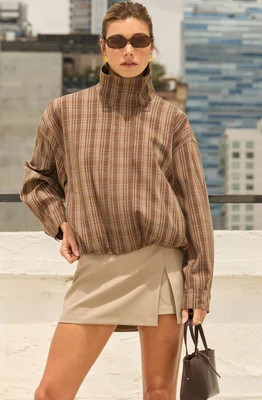 ASTR the Label | Cooper Funnel-Collar Bomber Jacket in Brown plaid |  Size XS | ASTR The Label (US)